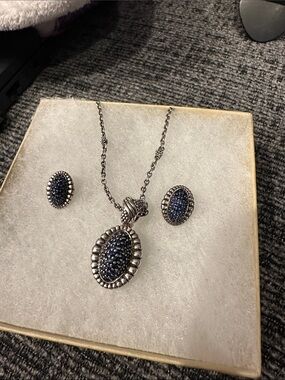 LAGOS Silver-Tone Navy Crystal Oval Pendant Necklace and Stud Earrings